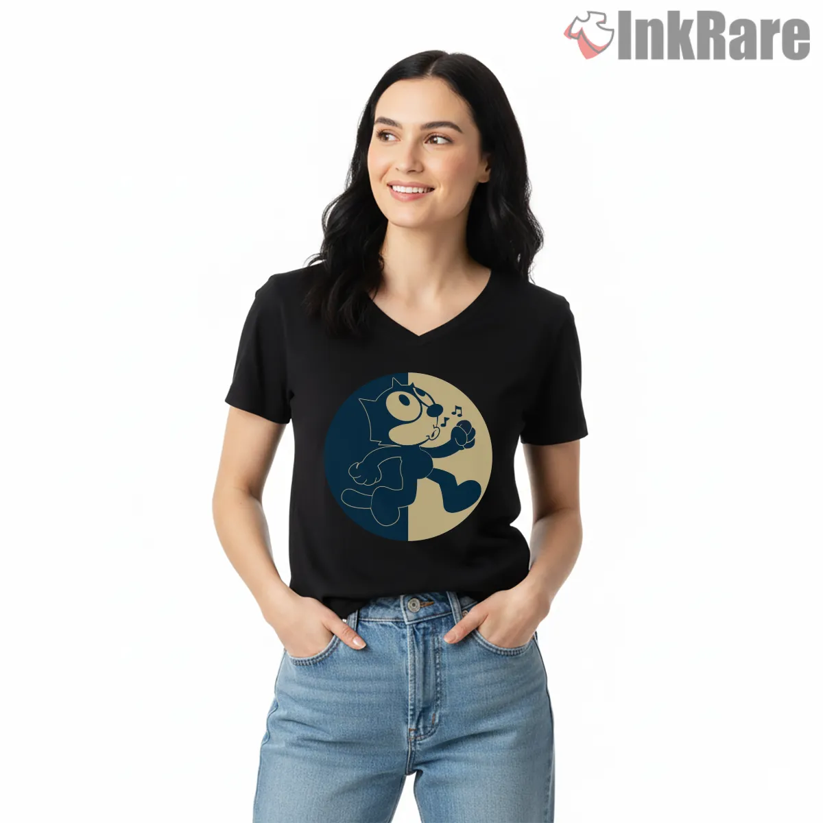Felix The Cat Two Tone Whistle Walk V Neck Black Felix The Cat Two Tone Whistle Walk Shirt on black v-neck shirt for women graphic tee