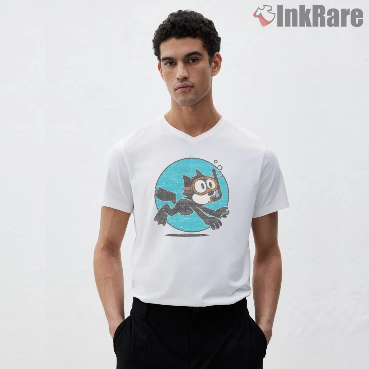 Felix The Cat Underwater Diving Adventure V Neck White Felix The Cat Underwater Diving Adventure Shirt on white v-neck shirt for men graphic tee
