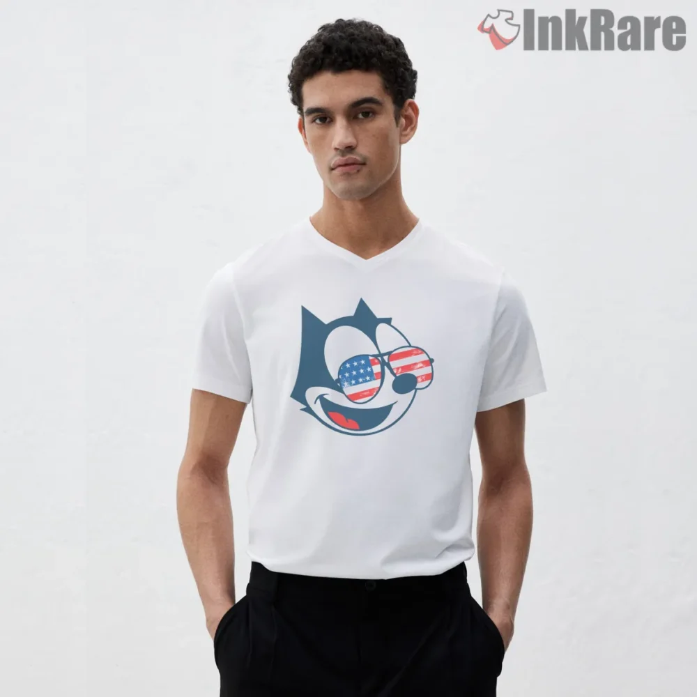Felix The Cat Usa Flag Shades Shirt on white v-neck shirt for men graphic tee