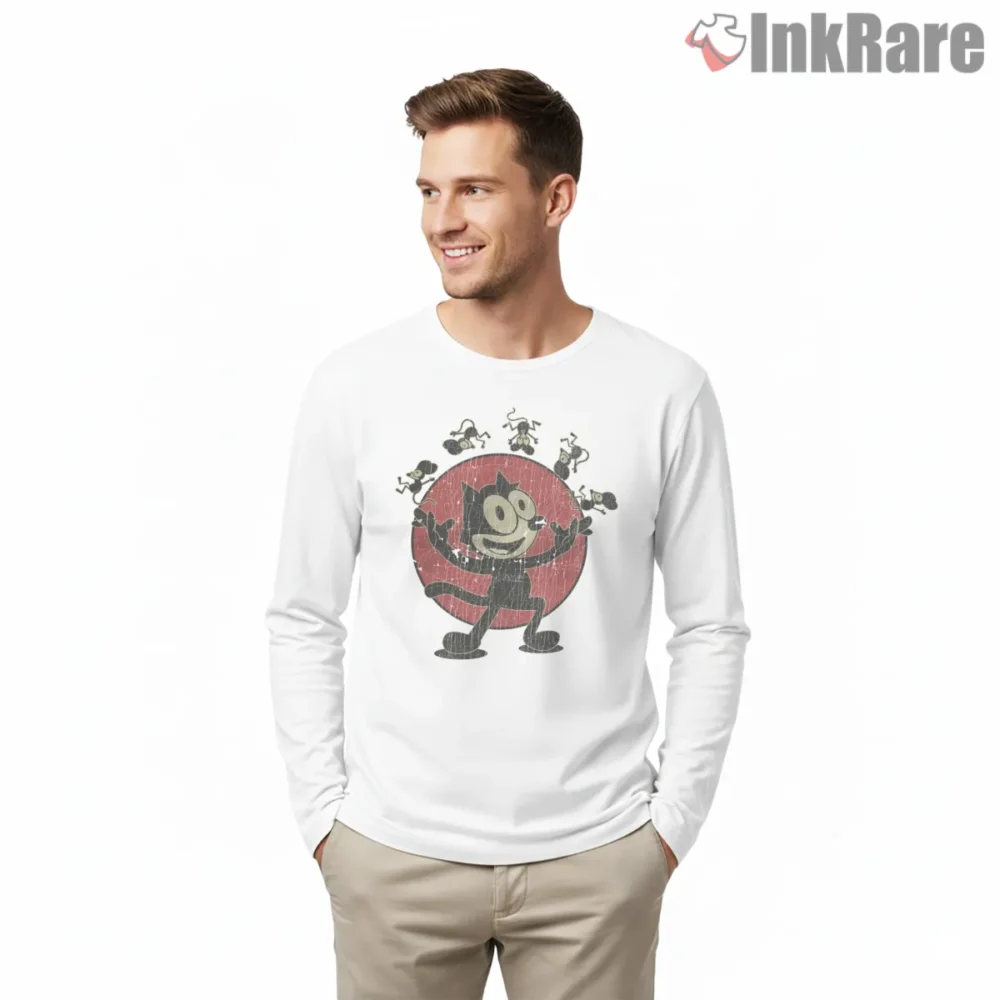 Felix The Cat Vintage Black Cat Circle Shirt on white long sleeve shirt for men graphic tee