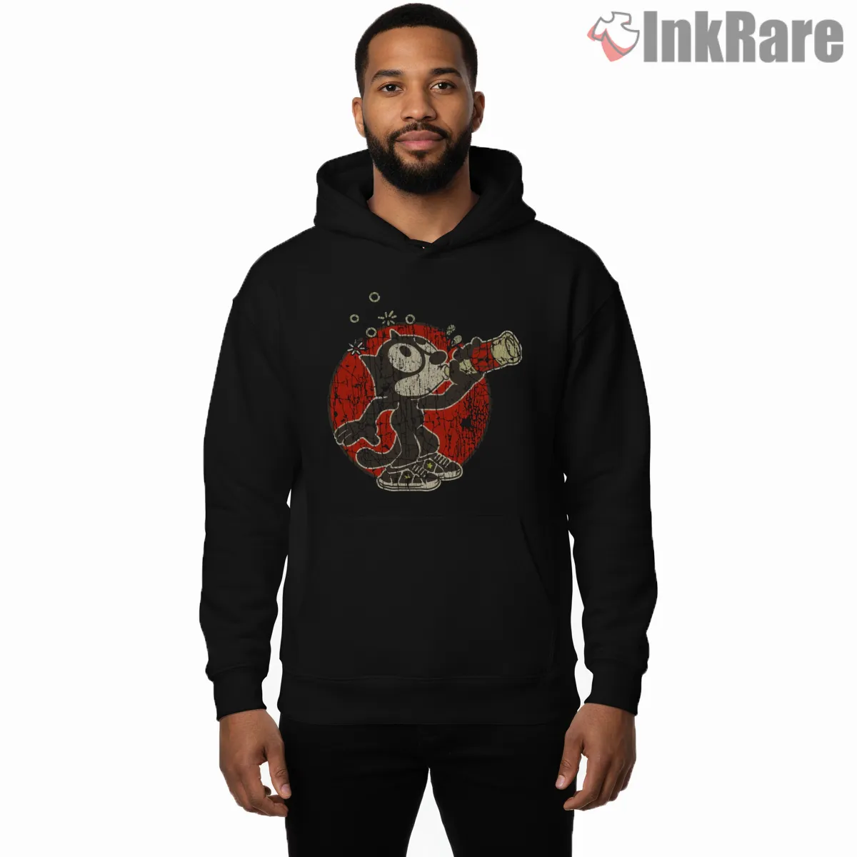 Felix The Cat Vintage Bottle Drinking Shirt on black hoodie for men graphic tee