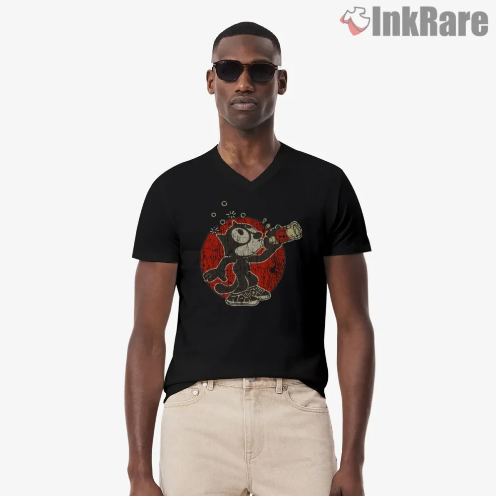 Felix The Cat Vintage Bottle Drinking Shirt on black v-neck shirt for men graphic tee