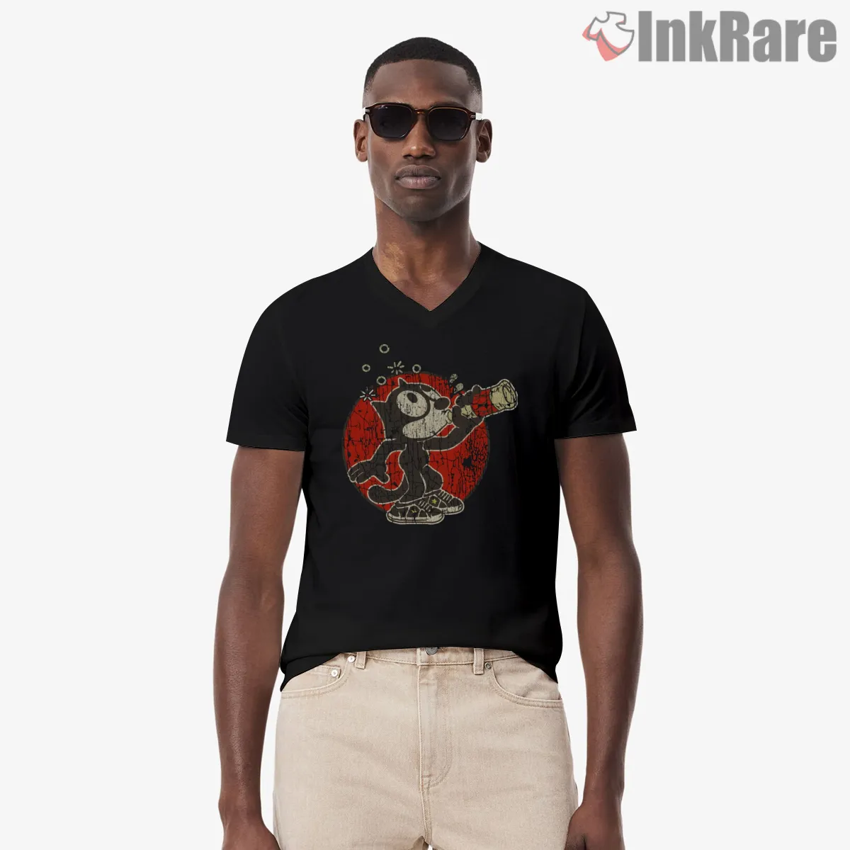 Felix The Cat Vintage Bottle Drinking V Neck Black Felix The Cat Vintage Bottle Drinking Shirt on black v-neck shirt for men graphic tee