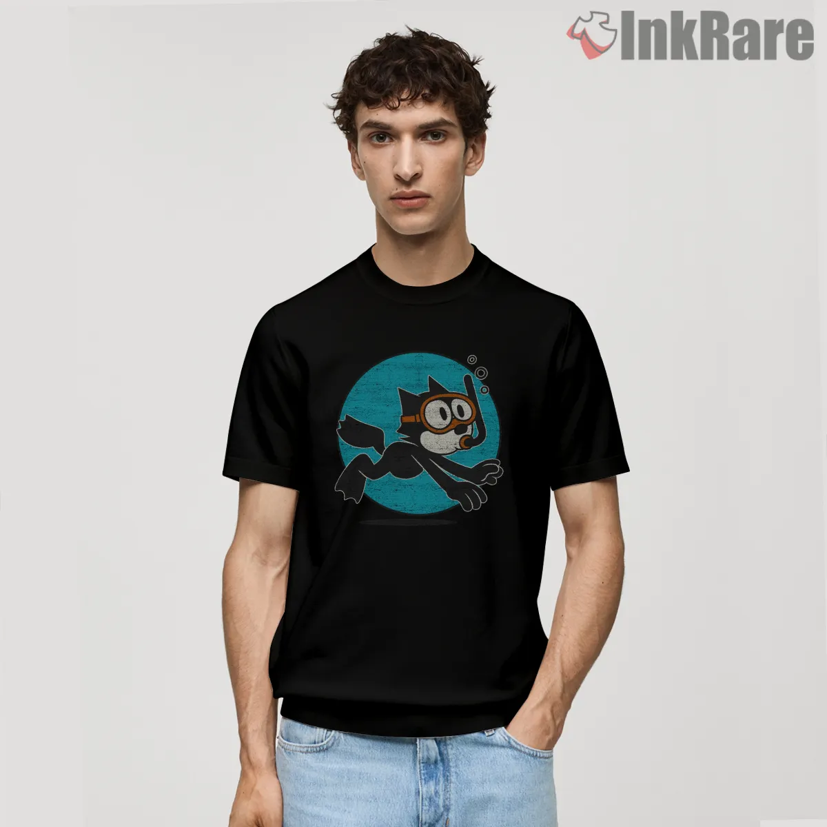 Felix The Cat Vintage Diving Adventure Shirt on black short sleeve shirt for men graphic tee
