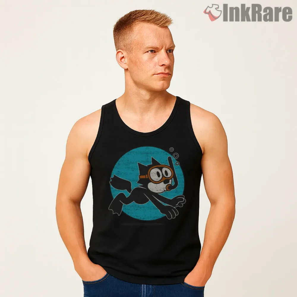 Felix The Cat Vintage Diving Adventure Shirt on black tank top for men graphic tee