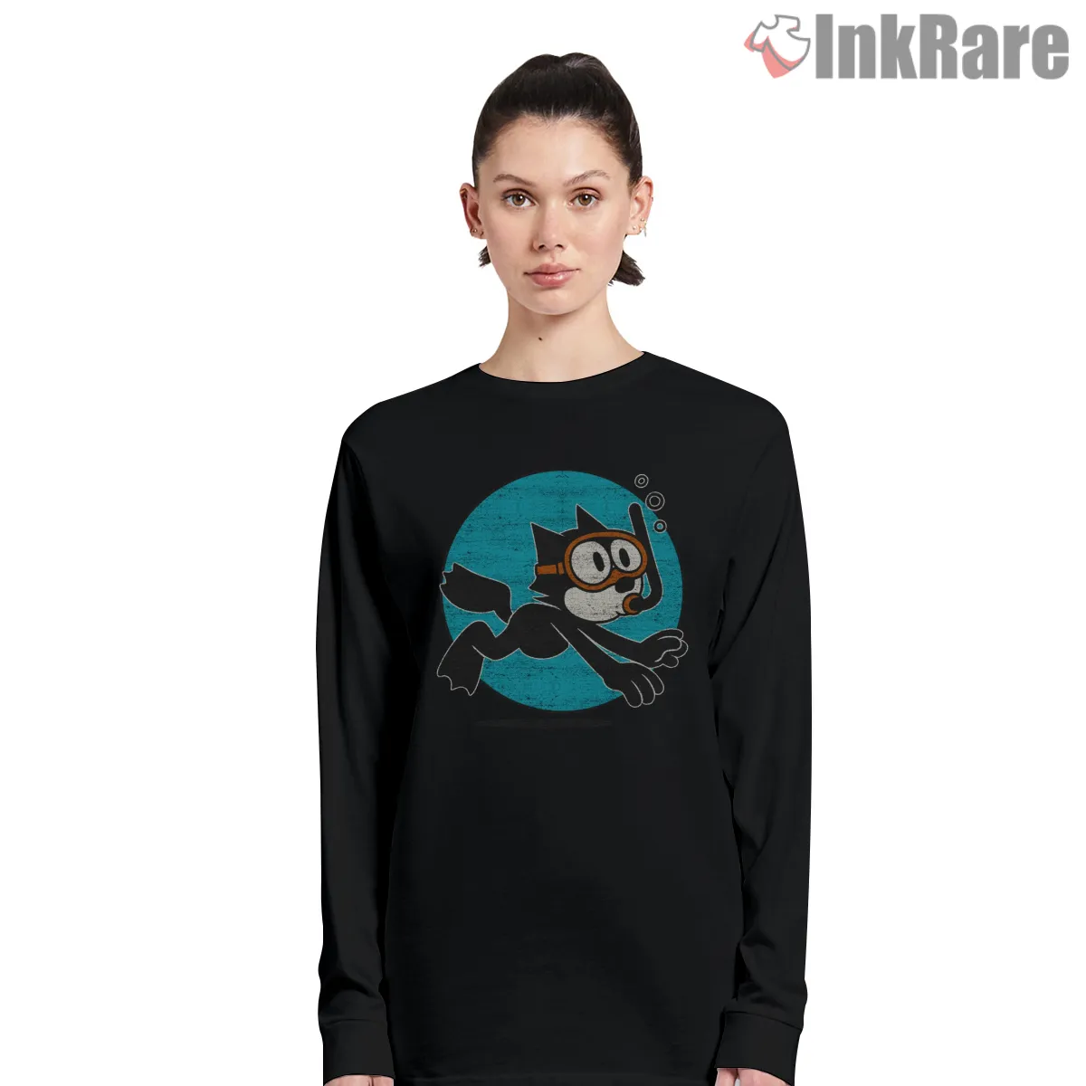 Felix The Cat Vintage Diving Adventure Long Sleeve Black Felix The Cat Vintage Diving Adventure Shirt on black long sleeve shirt for women graphic tee