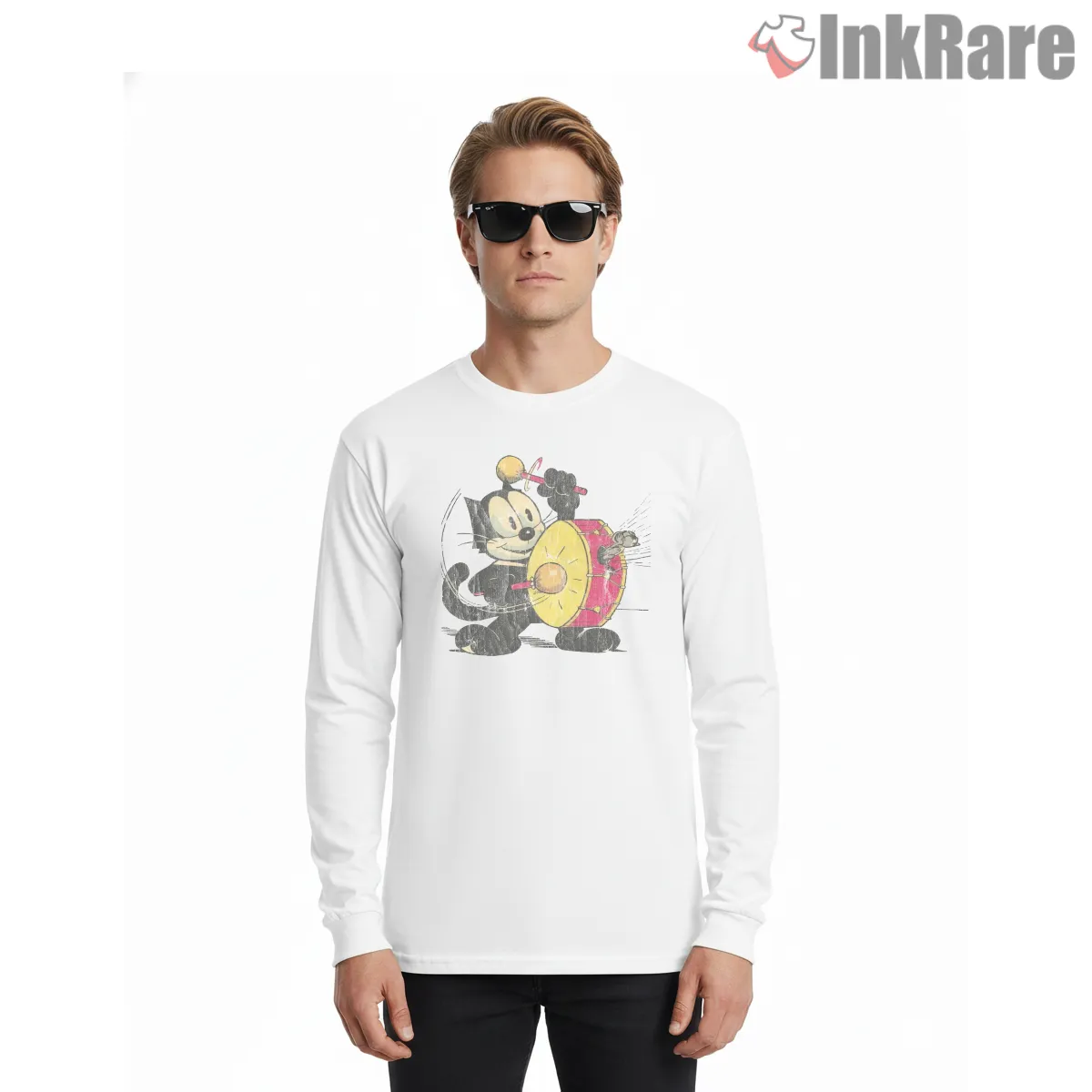 Felix The Cat Vintage Drum Texture Shirt on white long sleeve shirt for men graphic tee