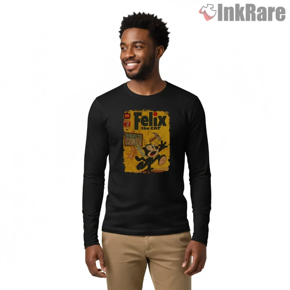 Felix The Cat Vintage Hammer Cartoon Shirt on black long sleeve shirt for men graphic tee