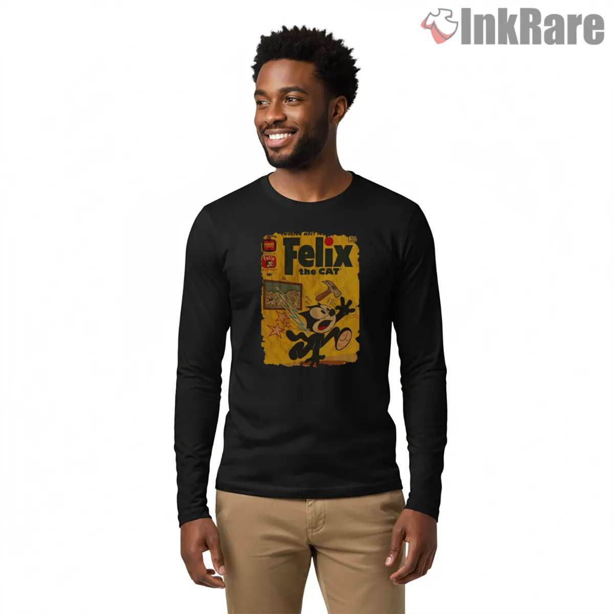 Felix The Cat Vintage Hammer Cartoon Long Sleeve Black Felix The Cat Vintage Hammer Cartoon Shirt on black long sleeve shirt for men graphic tee