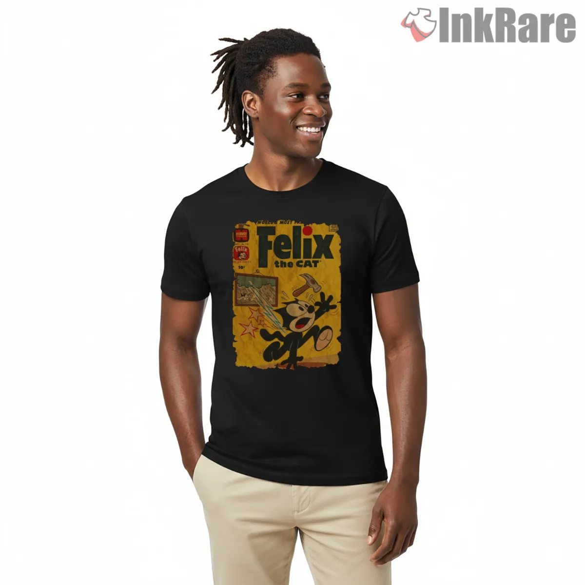 Felix The Cat Vintage Hammer Cartoon Shirt on black short sleeve shirt for men graphic tee