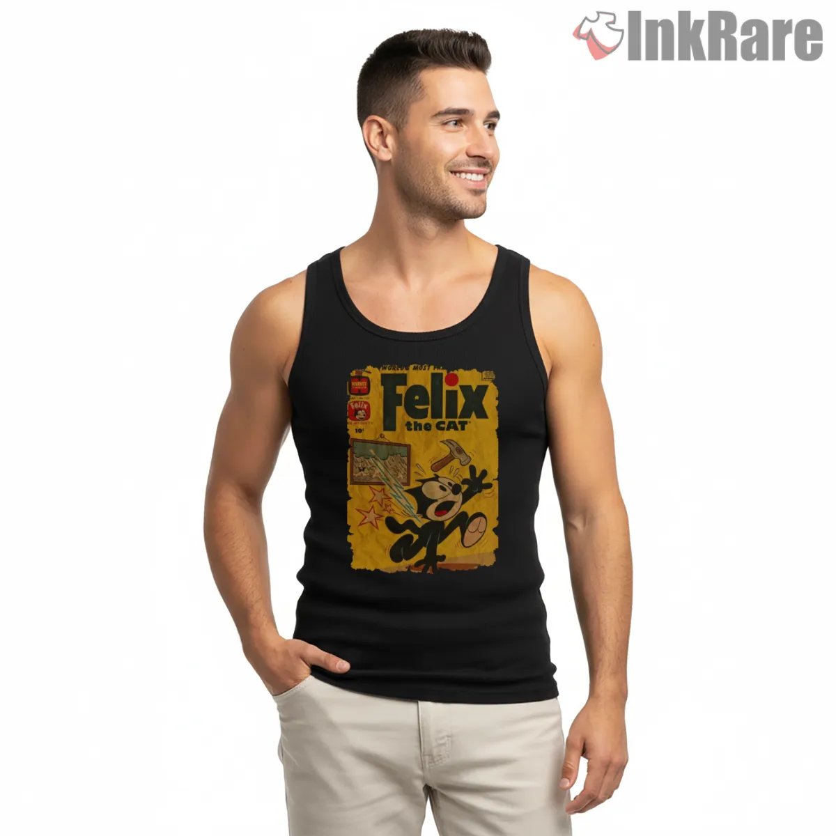 Felix The Cat Vintage Hammer Cartoon Tank Top Black Felix The Cat Vintage Hammer Cartoon Shirt on black tank top for men graphic tee