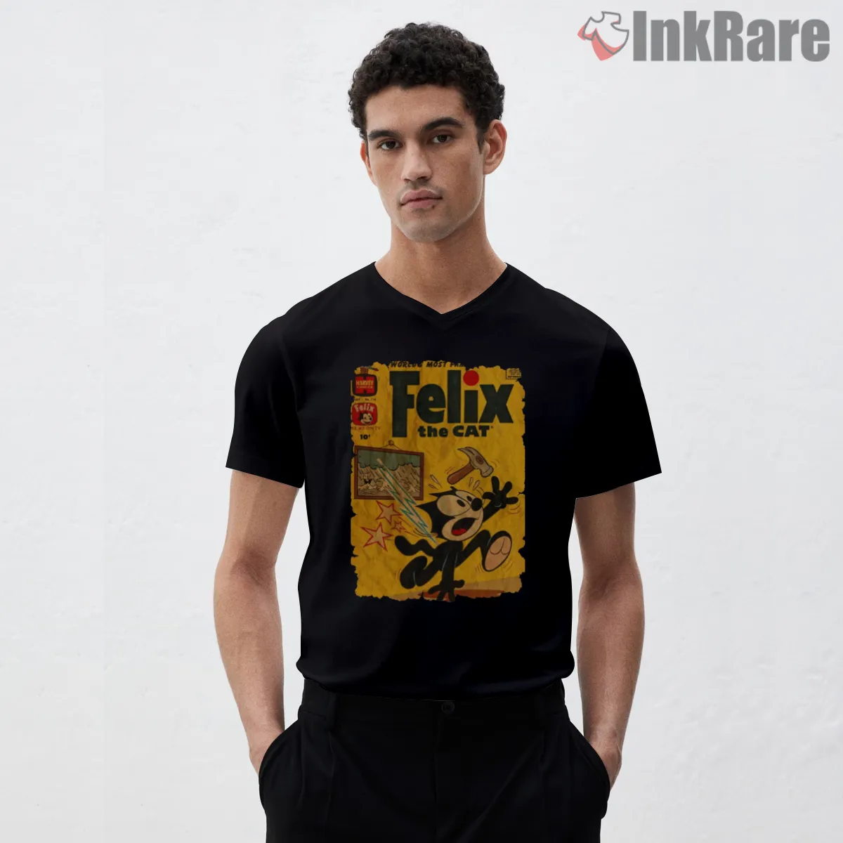 Felix The Cat Vintage Hammer Cartoon V Neck Black Felix The Cat Vintage Hammer Cartoon Shirt on black v-neck shirt for men graphic tee
