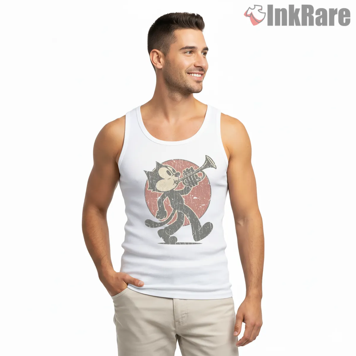 Felix The Cat Vintage Jazz Trumpet Shirt on white tank top for men graphic tee