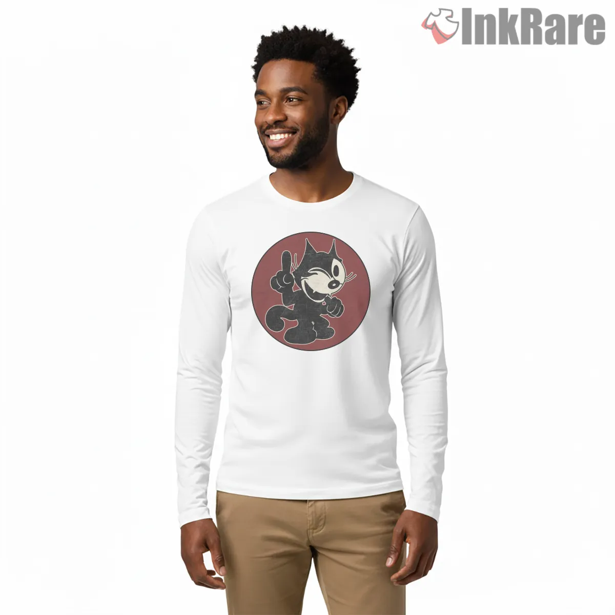 Felix The Cat Vintage Maroon Circle Pose Shirt on white long sleeve shirt for men graphic tee