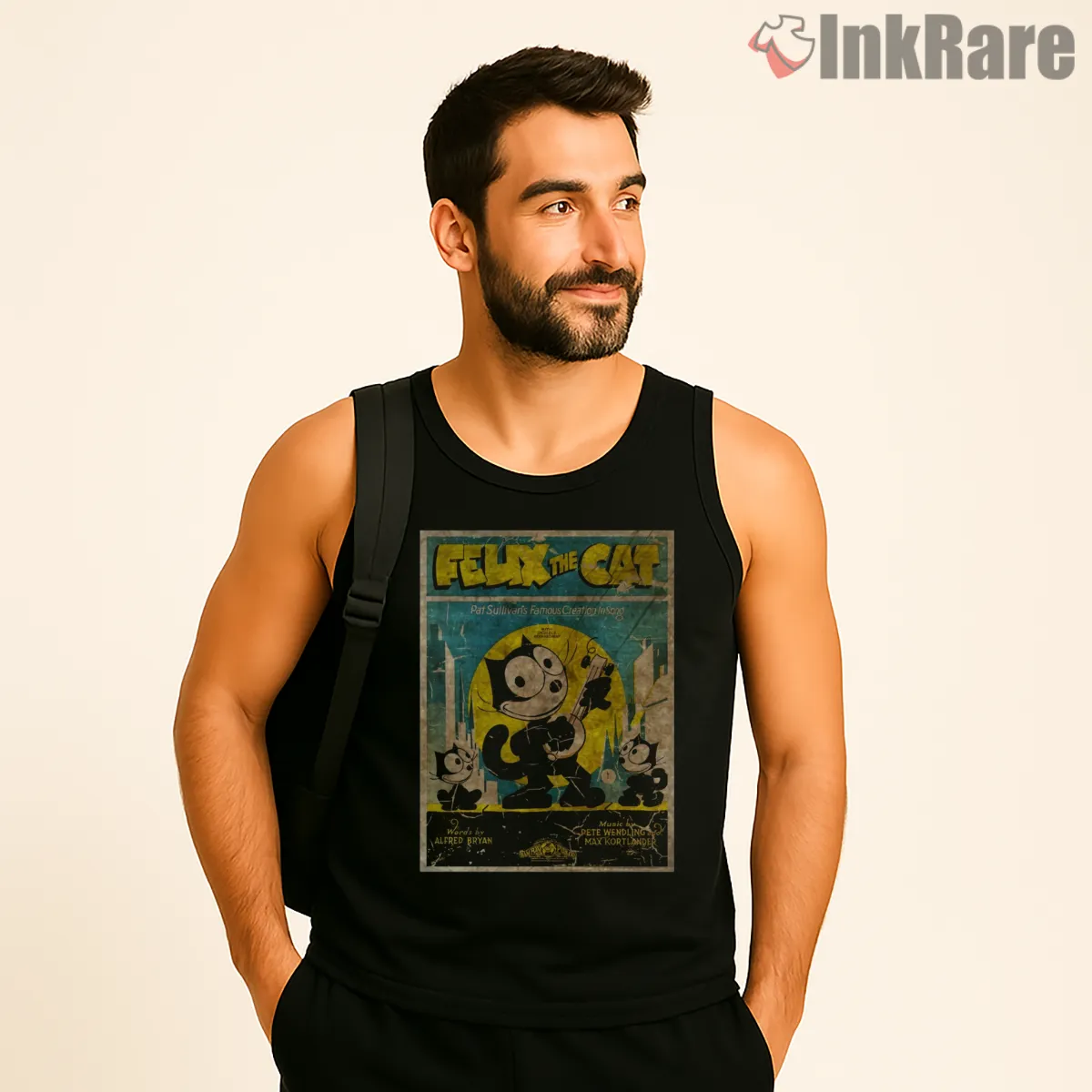 Felix The Cat Vintage Movie Poster Shirt on black tank top for men graphic tee