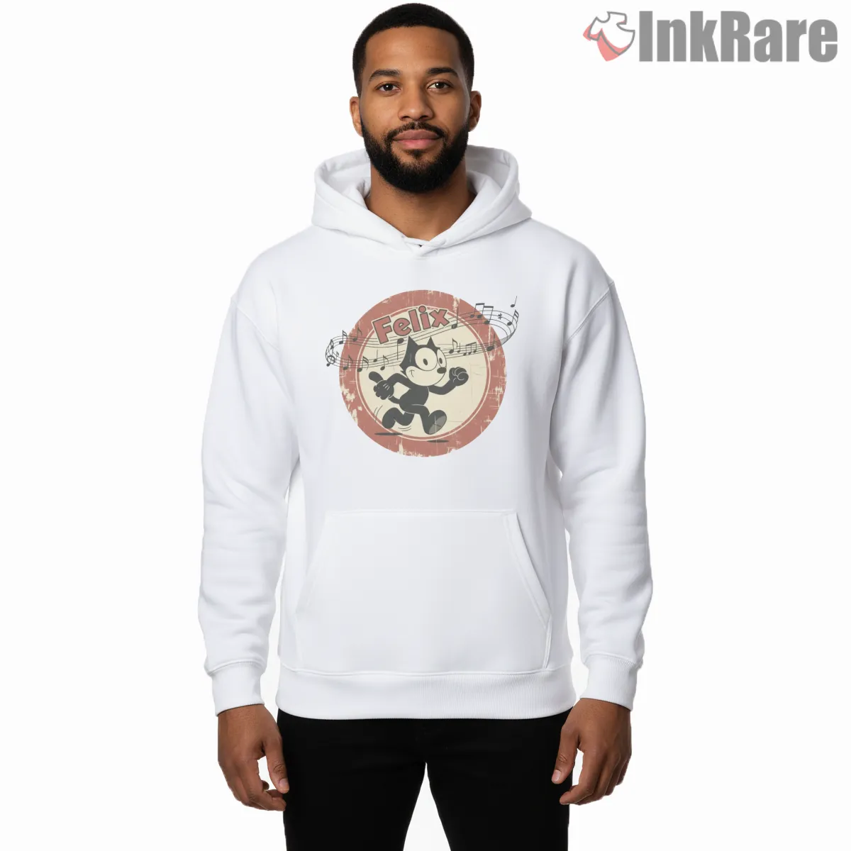 Felix The Cat Vintage Music Run Badge Shirt on white hoodie for men graphic tee