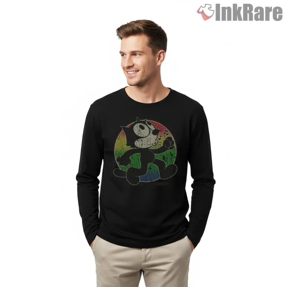 Felix The Cat Vintage Rainbow Walk Shirt on black long sleeve shirt for men graphic tee