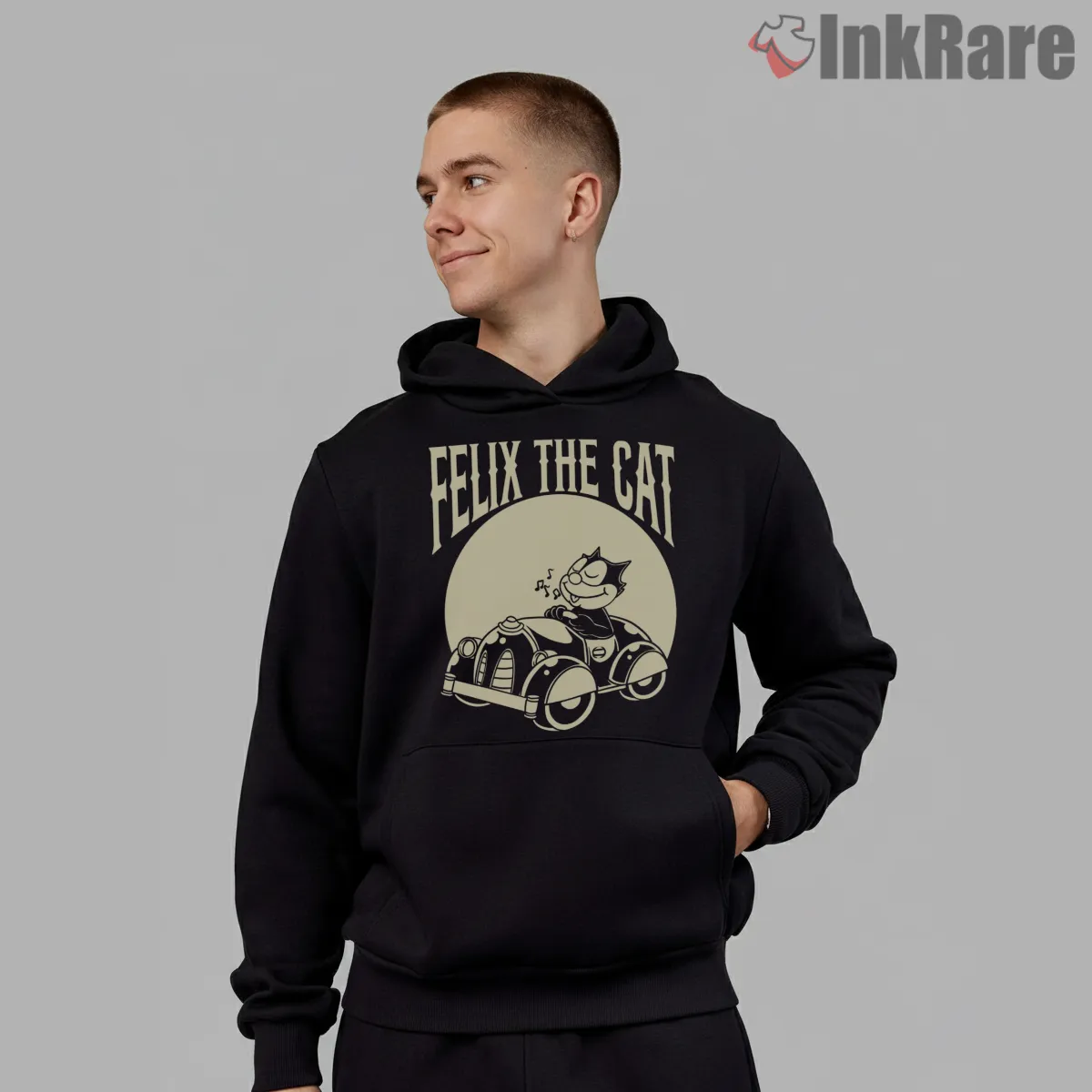Felix The Cat Vintage Roadster Cruise Shirt on black hoodie for men graphic tee