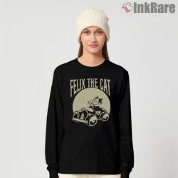 Felix The Cat Vintage Roadster Cruise Shirt on black long sleeve shirt for women graphic tee