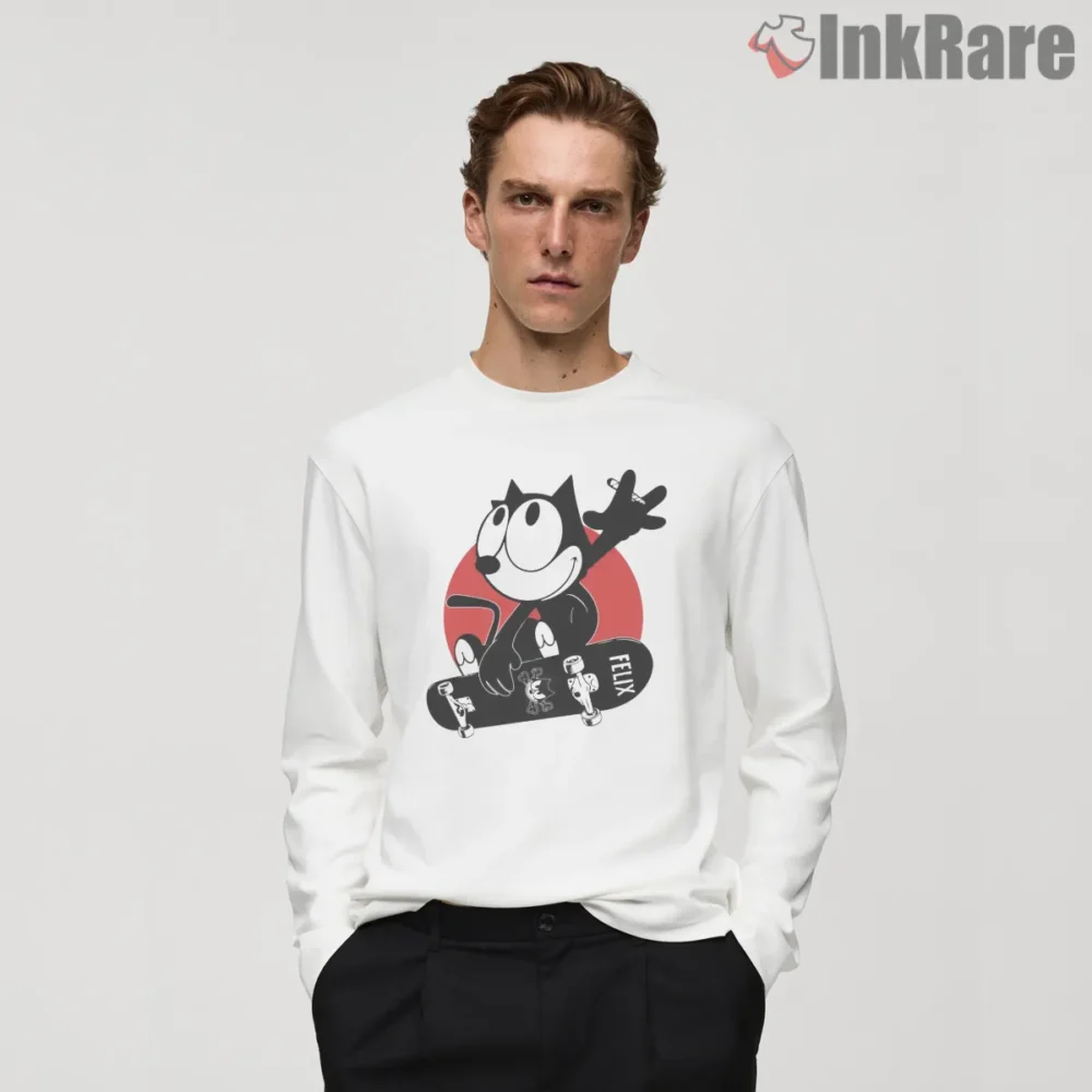 Felix The Cat Vintage Skateboard Session Shirt on white long sleeve shirt for men graphic tee