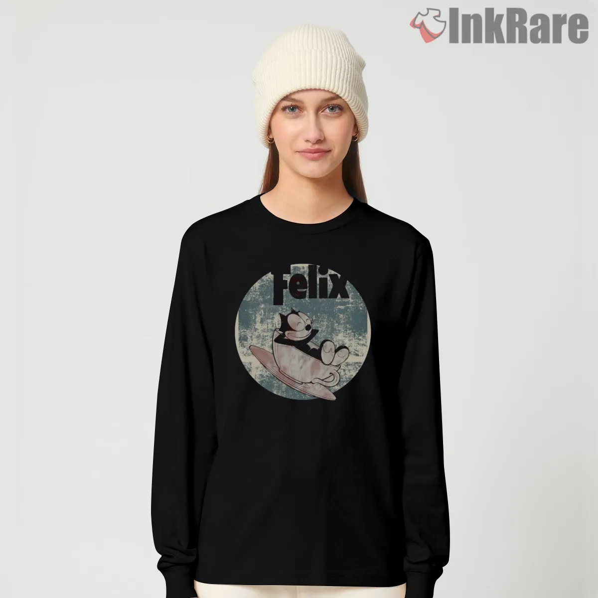 Felix The Cat Vintage Surf Sled Ride Shirt on black long sleeve shirt for women graphic tee