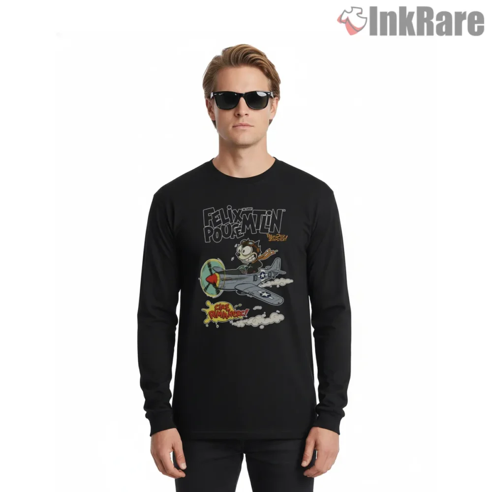 Felix The Cat Vintage Warplane Pilot Shirt on black long sleeve shirt for men graphic tee