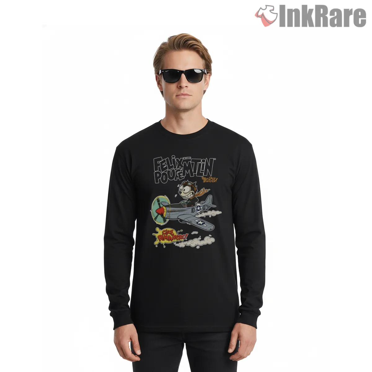 Felix The Cat Vintage Warplane Pilot Long Sleeve Black Felix The Cat Vintage Warplane Pilot Shirt on black long sleeve shirt for men graphic tee