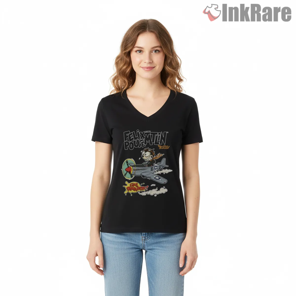 Felix The Cat Vintage Warplane Pilot V Neck Black Felix The Cat Vintage Warplane Pilot Shirt on black v-neck shirt for women graphic tee