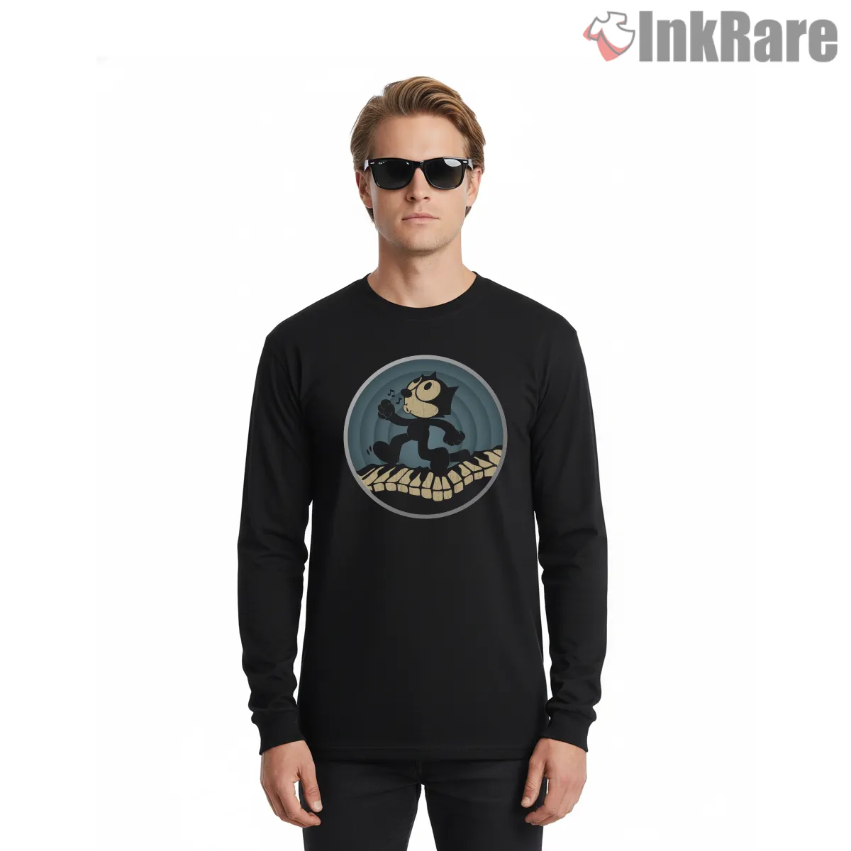Felix The Cat Walking Piano Groove Shirt on black long sleeve shirt for men graphic tee