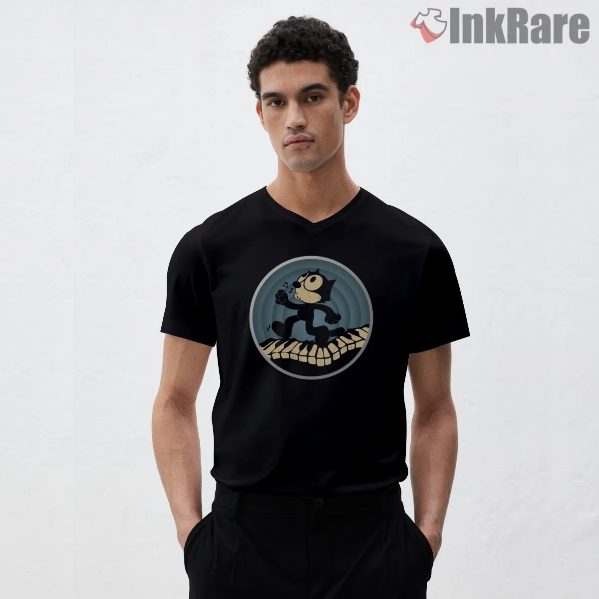 Felix The Cat Walking Piano Groove V Neck Black Felix The Cat Walking Piano Groove Shirt on black v-neck shirt for men graphic tee