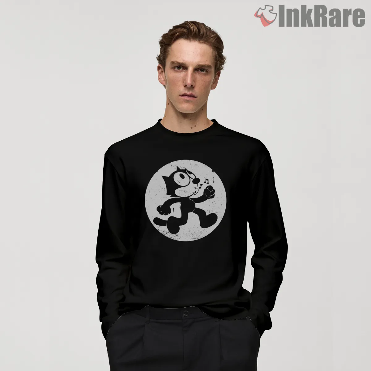 Felix The Cat Whistling Stroll Shirt on black long sleeve shirt for men graphic tee