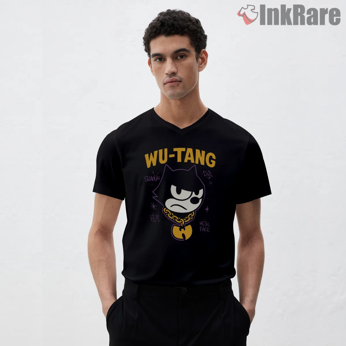 Felix The Cat Wu Style Hip Hop Meme Shirt on black v-neck shirt for men graphic tee