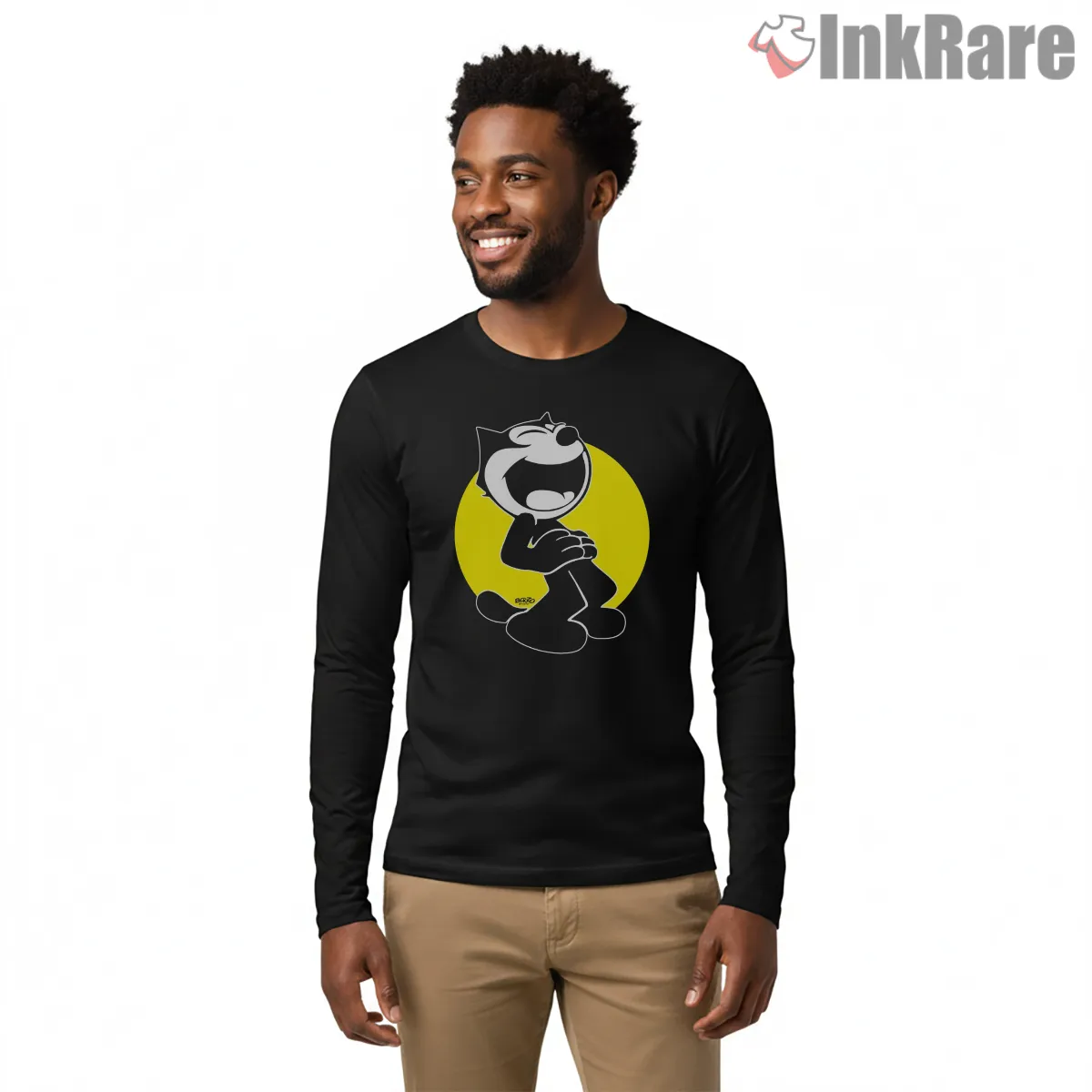 Felix The Cat Yellow Glow Heartfelt Shirt on black long sleeve shirt for men graphic tee