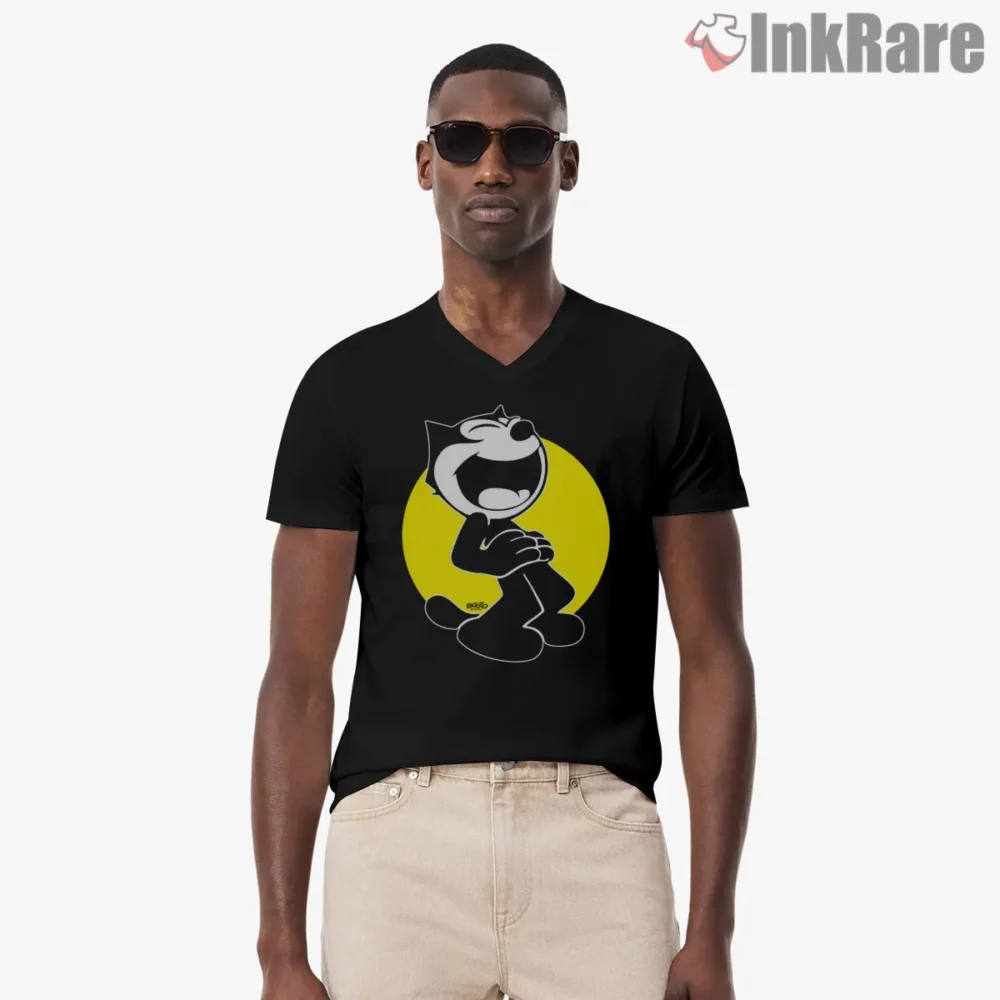 Felix The Cat Yellow Glow Heartfelt Shirt on black v-neck shirt for men graphic tee