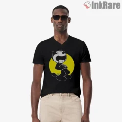 Felix The Cat Yellow Glow Heartfelt Shirt on black v-neck shirt for men graphic tee