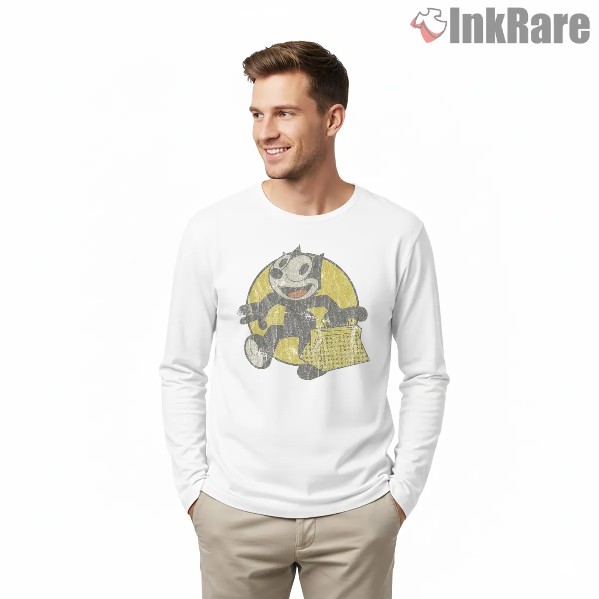 Felix The Cat Yellow Vintage Shopper Shirt on white long sleeve shirt for men graphic tee