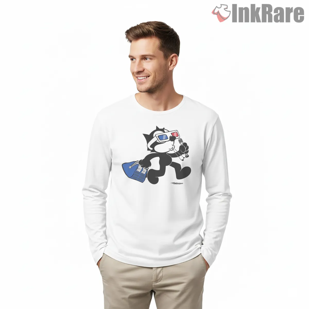 Felix Time Travel Explorer Shirt on white long sleeve shirt for men graphic tee