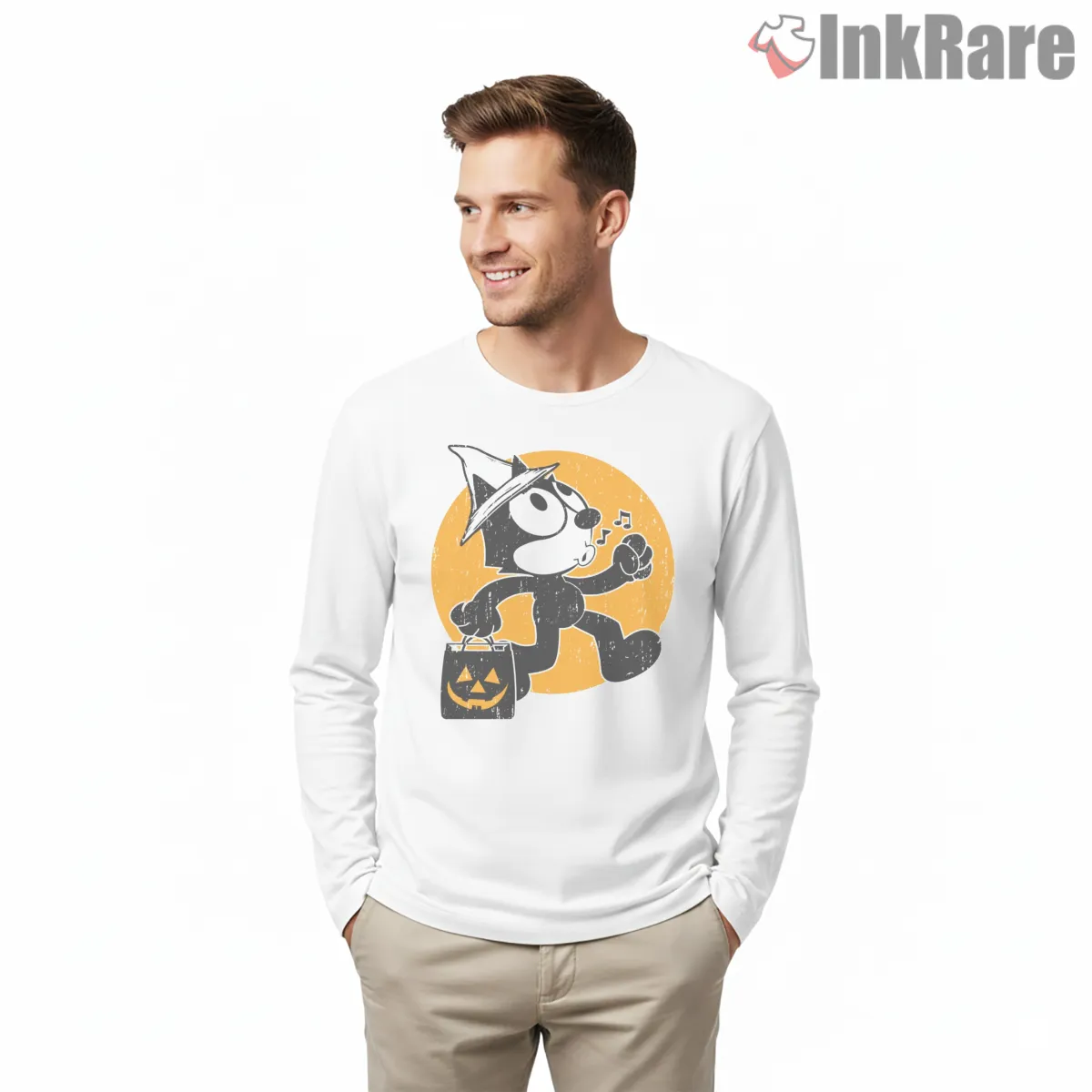 Felix Trick Or Treat Pumpkin Night Shirt on white long sleeve shirt for men graphic tee