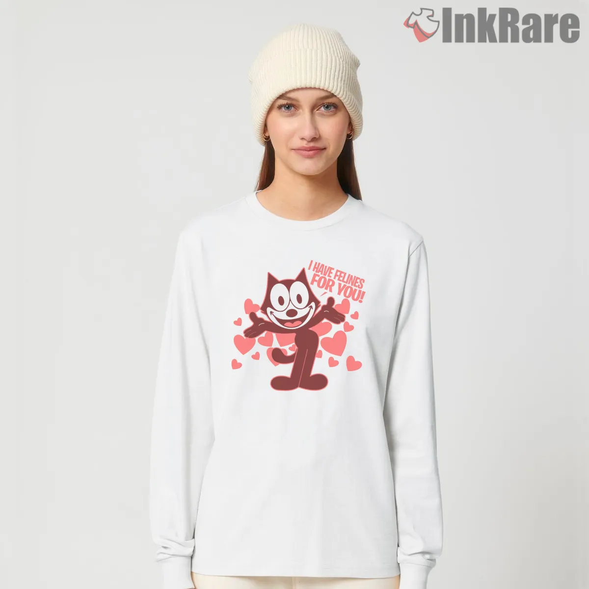 Felix Valentines Day Feline Crush Design Shirt on white long sleeve shirt for women graphic tee
