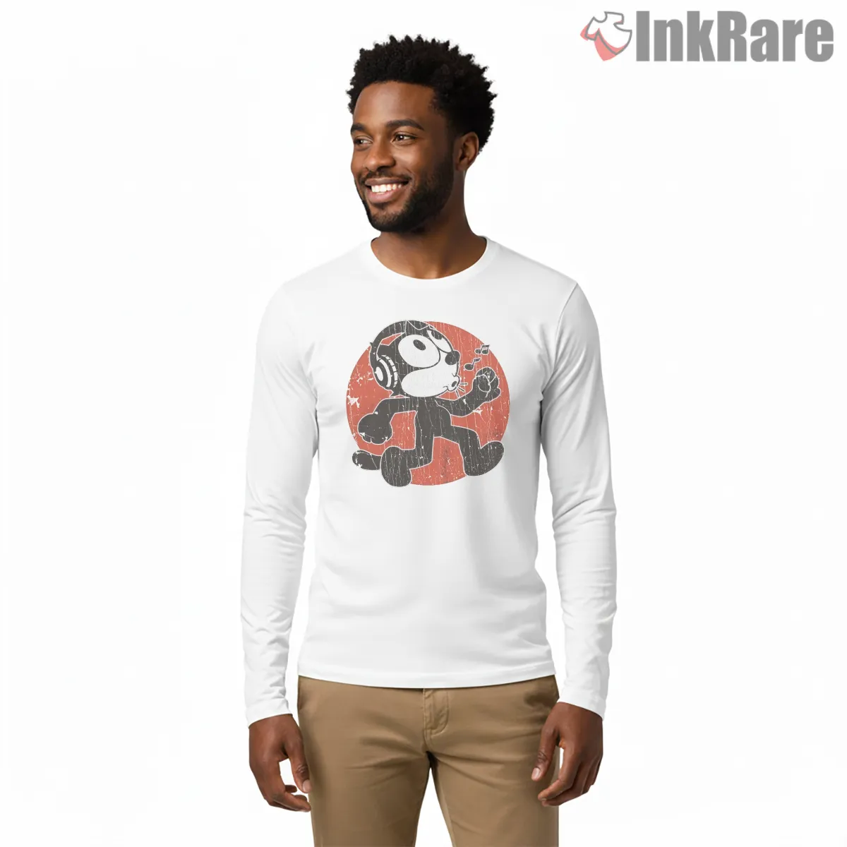 Felix Vintage Headphones Groove Shirt on white long sleeve shirt for men graphic tee