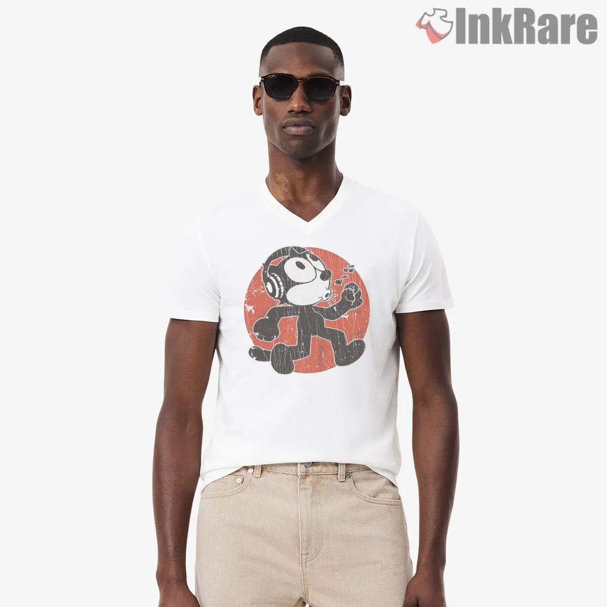 Felix Vintage Headphones Groove V Neck White Felix Vintage Headphones Groove Shirt on white v-neck shirt for men graphic tee