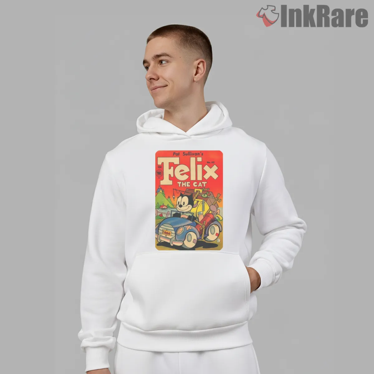 Felix Vintage Roadster Comic Adventure Shirt on white hoodie for men graphic tee