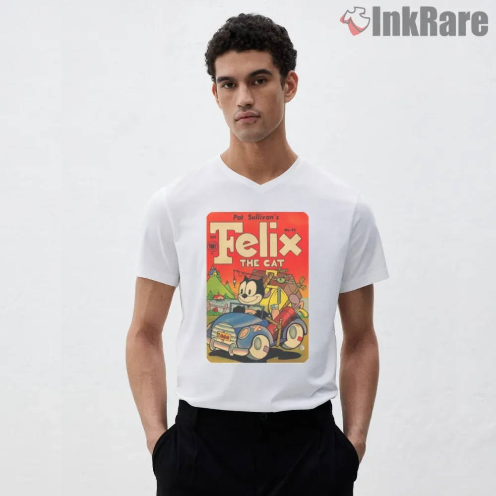 Felix Vintage Roadster Comic Adventure Shirt on white v-neck shirt for men graphic tee