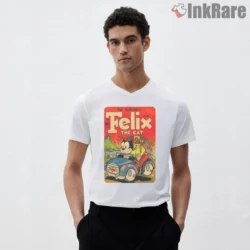Felix Vintage Roadster Comic Adventure Shirt on white v-neck shirt for men graphic tee