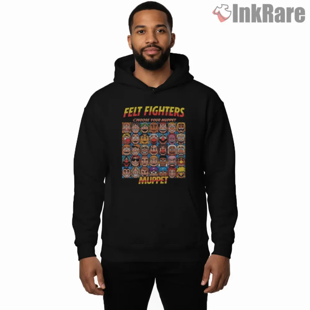 Felt Fighters Muppet Character Grid Retro Game Style Shirt on black hoodie for men graphic tee