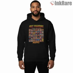 Felt Fighters Muppet Character Grid Retro Game Style Shirt on black hoodie for men graphic tee
