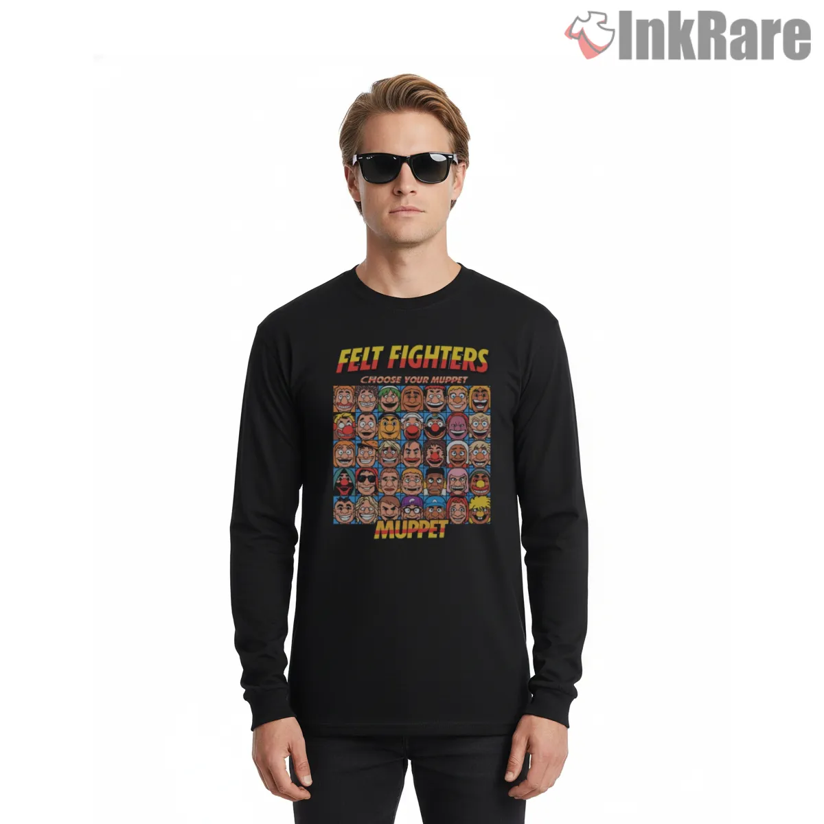 Felt Fighters Muppet Character Grid Retro Game Style Long Sleeve Black Felt Fighters Muppet Character Grid Retro Game Style Shirt on black long sleeve shirt for men graphic tee