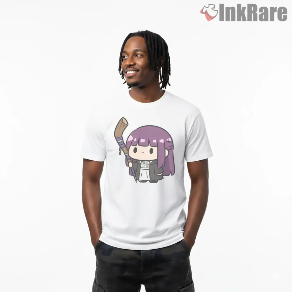 Fern Chibi Staff Pocket Style Cute Anime Shirt on white short sleeve shirt for men graphic tee