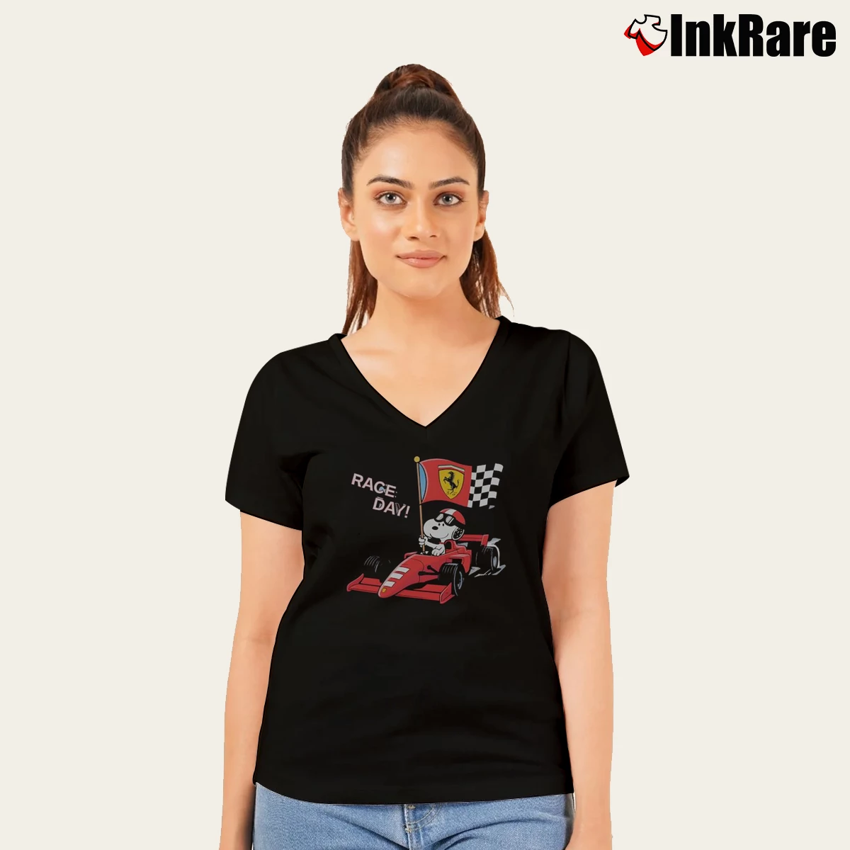 ferrari snoopy f1 race day Women’s V-Neck Tee in black – Flattering Fit Women’s ferrari snoopy f1 race day V-Neck Tee in black | Chic Neckline, Soft Texture