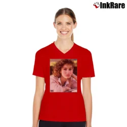 Women’s Ferris Bueller Jeanie Photo Retro V-Neck Tee in red | Chic Neckline, Soft Texture